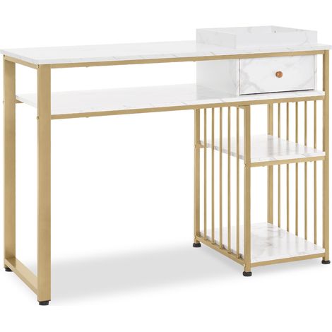 M MCombo Schreibtisch mit Schubladen, Nageltisch mit Regal, Manikürtisch aus Holz Metallgestell, Schminktisch ohne Spiegel Wohnzimmer Modern, Marmor-Weiß Gold, 2498 (1/5)