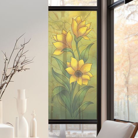 Stickers décoratifs électrostatique, fleur topinambour, fleur, jaune, vert, effet vitrail, 150 cm X 67,5 cm (1/2)
