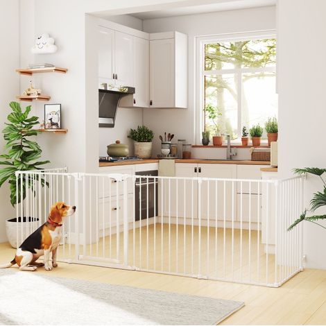 Parco per cani pieghevole a 6 pannelli 366 cm in acciaio e plastica bianco, con porta – MEUBLIV (1/5)