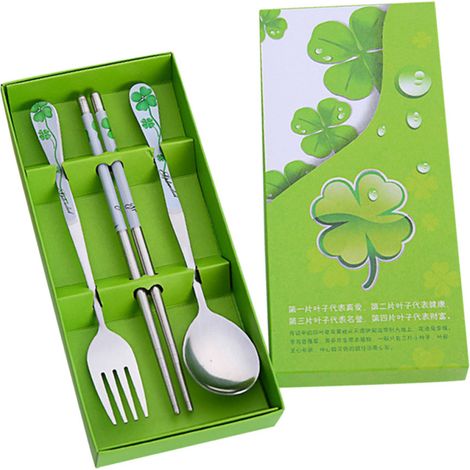 3 pièces Four Leaf Clover en acier inoxydable, fourchette cuillère baguettes, vaisselle de voyage, vert (1/5)