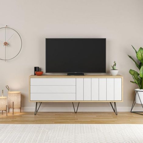 Porta tv Picadilly struttura rovere con 2 ante a ribalta bianche 139.6x35.6x57.5H