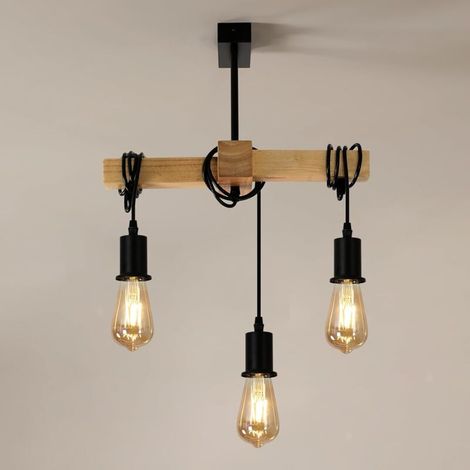 Suspension Luminaire Industriel, Lustre Industriel Rétro à 3 têtes E27, Lustre Industriel en Bois et Métal pour Salon, Cuisine, Chambre à Coucher (Ampoule non Incluse) (1/5)