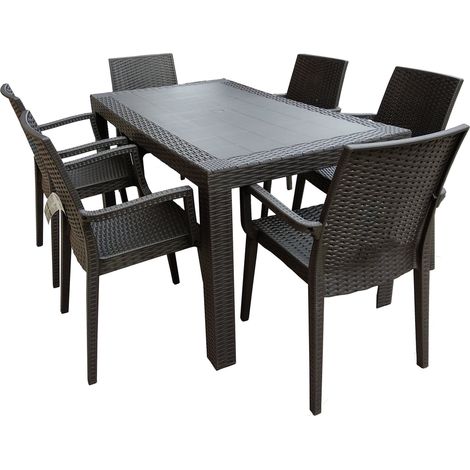 Gardenia Dimaplast2000 AMZ004 Set Top Tavolo e 6 Poltrone in Resina Effetto Rattan da Giardino, Antracite, 140x80x72 cm