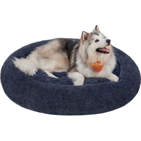 Panier pour Chien, Lit Ronde en Forme de Beignet, Canapé, Coussin Central Amovible et Lavable, Tissu Peluche Doux, Ø140 cm, Gris Foncé (1/5)