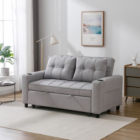HUDSON SOFA BED LINEN FABRIC WITH CUP HOLDERS LIGHT GREY 2-SEATER (1/5)