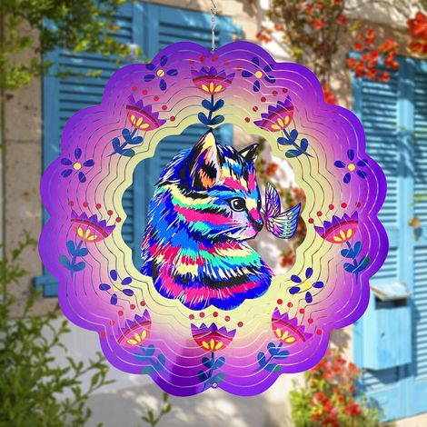 Moulin à vent chat coloré, 30×30×0,05 cm en acier inoxydable, épouvantail, décoration à suspendre pour jardin, terrasse et balcon (1/5)