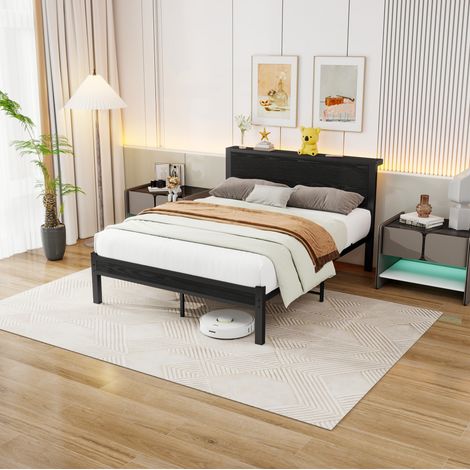 Letto matrimoniale 120x200 cm con testiera e contenitore, struttura in metallo, MDF nero e marrone rustico. (1/5)