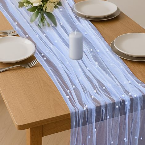 Chemin de table en tulle et dentelle avec perles bleues de 3 m - Décorations d'arche de mariage, chemin de table pour mariage, fête prénatale, anniversaire (1/5)