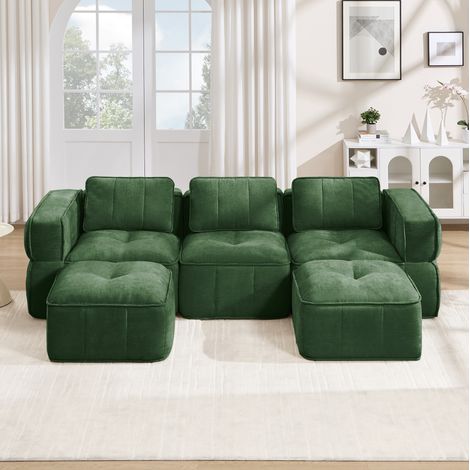 Sofá modular en U de 3 plazas con 2 pufs, sin montaje, poliéster verde HAVRYA (1/5)