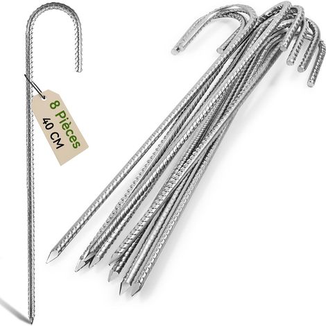 8Pcs 40cm Piquets d'ancrage Résistants en Acier Galvanisé Antirouille avec Crochets en J pour Tentes de Trampoline - Convient pour Camp, Jardin, Abri et Balançoires (1/5)