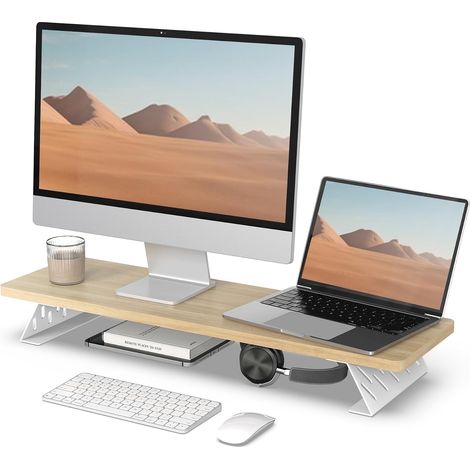 Support Ecran PC, Pieds Métal, Ordinateur Moniteur TV, Chêne, 80cm (1/5)