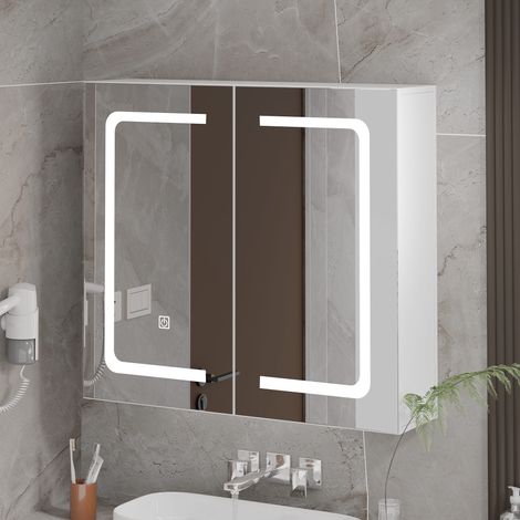 Armoire de Salle de Bain à 2 Portes avec Miroir LED, 3 Températures de Lumière, Commande Tactile, Etagères Réglables, 70x60cm (1/5)