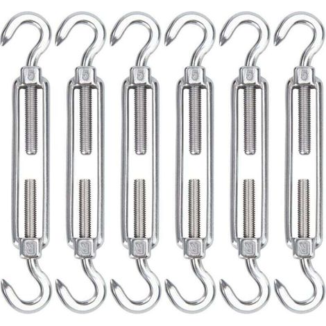 M5 Stainless Steel Cable Tensioner, Pack of 6 Adjustable Heavy Duty Wire Hook and Hook Tensioner for Rope, Cable, Clothesline, Grille for Sun Shade Installation