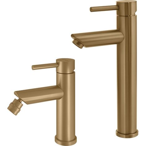 Set miscelatori lavabo alto e bidet in acciaio inox oro opaco Garda di Gedy (1/5)