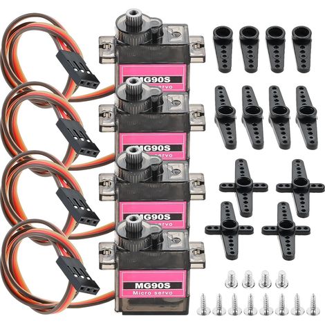 4Pcs MG90S Micro Servo Motors - Metal Gear High Torque RC Servos Futaba JR pour hélicoptère, bateau, bras de robot et projets de bricolage Arduino avec câbles et cornes