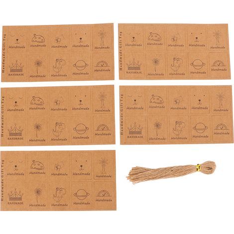 Lot de 300 Étiquettes Cadeau en Kraft, Motifs Adorables, Étiquettes Artisanales avec Ficelle de Jute pour Loisirs Créatifs, Mariage, Déco de Noël (1/5)