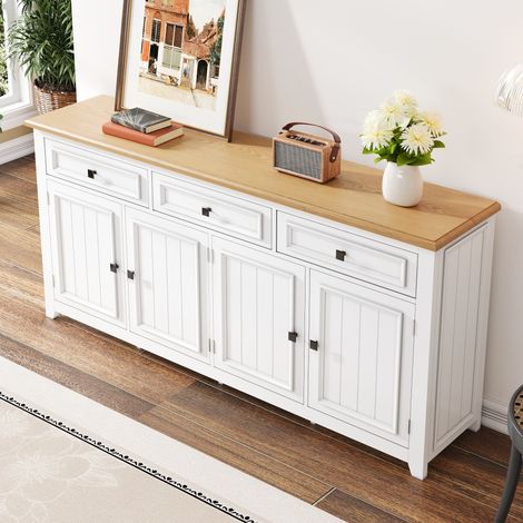Buffet Et Enfilade avec 4 Portes, 3 Tiroirs et Étagères Réglables, Style Moderne, en MDF, 160×35×76 cm, Blanc