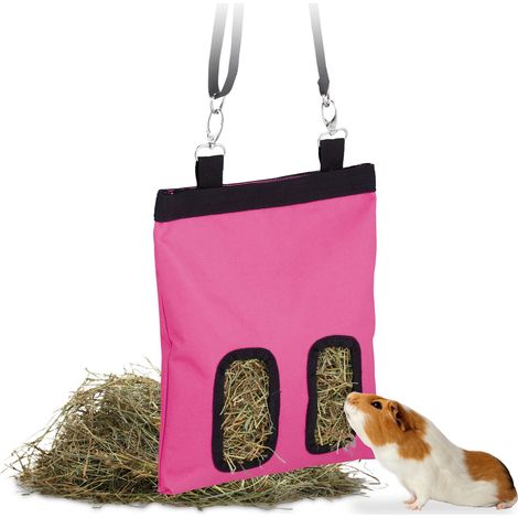 Relaxdays Hay Bag, for Small Animals, Rabbits, Guinea Pigs, Straw Storage, Cage Accessory, HxW 31 x 25 cm, Pink/Black