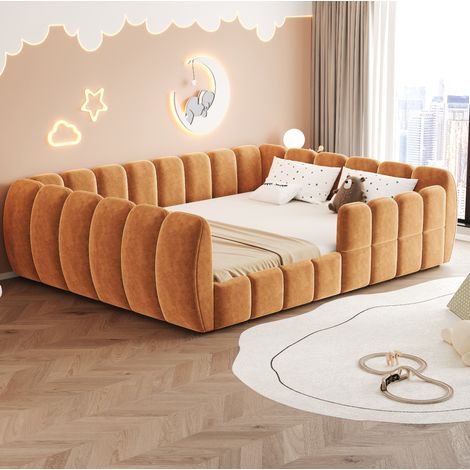 Letto a pavimento per bambini 140x200 cm, imbottito, design chiuso con angoli arrotondati, struttura stabile, velluto - arancione (1/5)
