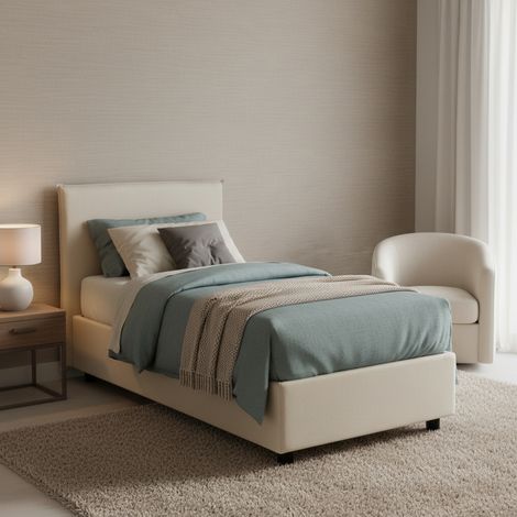 Dmora - Einzelbett Dbaston, Containerbett mit Stoffbespannung, 100% Made in Italy, Frontöffnung, inklusive Matratze Cm 90x200, Beige (1/5)