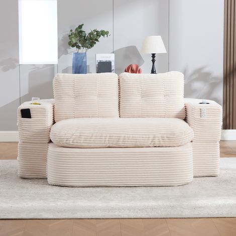 Fauteuil-lit 2-en-1 en cord beige, dossier haut, assise profonde, 2 porte-gobelets (1/5)