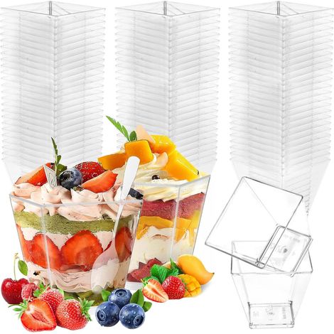 50 verrines carrées de 60 ml en plastique réutilisable, idéales pour les puddings, mousses, glaces et autres desserts. Parfaites pour une fête de desserts. (1/5)