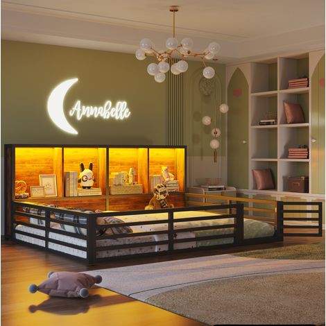 Lit daybed en métal et MDF noir 140x200 cm avec rangements latéraux, garde-corps ouvrant et sommier inclus (1/5)