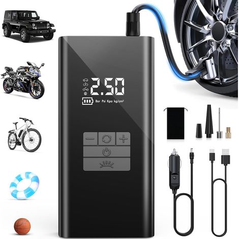 Compresor de Aire Portátil 45L/min con Batería de 6000mAh - Inflador de Neumáticos Rápido para Coches, Soporte de Banco de Energía, Luz LED - 4 Modos - Ideal para Coches, Bicicletas, Motos, Balones (1/5)