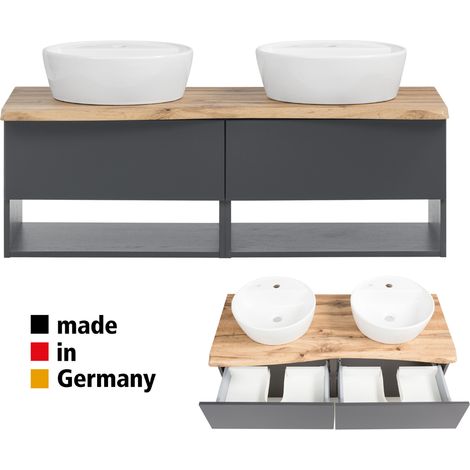 Badezimmer Waschtisch mit zwei Aufsatzwaschbecken KAHLA-03 in graphit mit Abdeckplatte in Wotan Eiche Nb. und Front in anthrazit matt, B/H/T: ca. 121/54,5/52 cm (1/5)