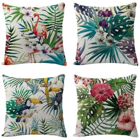 Lot de 4 Housses de Coussin Décoratives motif plantes oiseaux tropicaux decoration pour Canapé Chambre Salon Patio,4545cm (1/5)