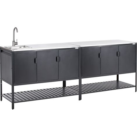 Conjunto de 2 armarios de cocina exterior de acero 3 puertas encimera de acero inoxidable jardín negro con fregadero Maenza (1/5)
