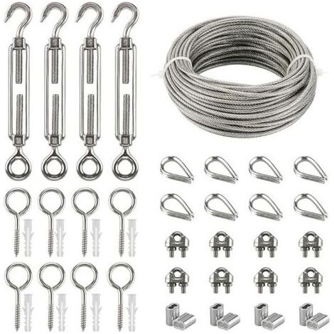 Kit Câble Acier Inoxydable - 20 M - Avec Tendeurs Oeil-crochet M5 - Serre-câbles - Manchons Sertissage - Pitons Fermés - Cosses Coeur - 1 Pièce (1/5)