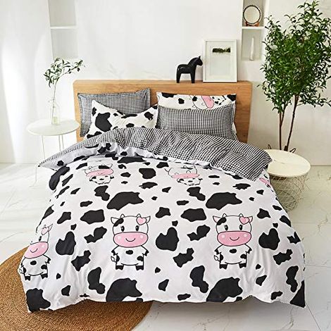 Parure de Lit pour Fille Housse de Couette Réversible 100 x 135 cm et Taie d'Oreiller 40 x 60 cm Motif Vache Noir et Blanc 100% Microfibre (1/5)