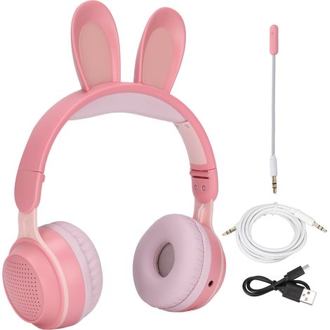 Écouteurs Bluetooth sans fil pliables avec oreilles de lapin, compatibles TF/Aux, lumières LED, Bluetooth 5.0, universels pour téléphones portables et ordinateurs, roses. (1/5)