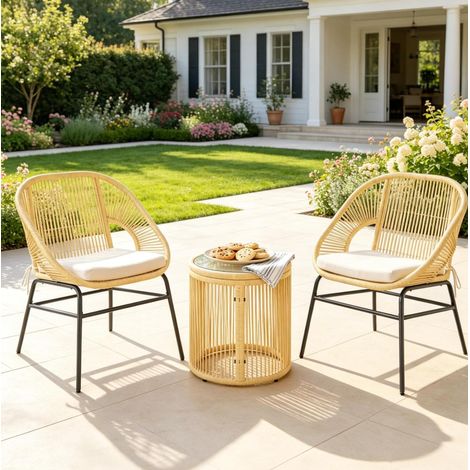 Salon de jardin 2 places balcon avec 2 fauteuils et table ronde en résine tressée beige, coussins déhoussables, plateau en verre trempé, extérieur - CHICFURN (1/5)