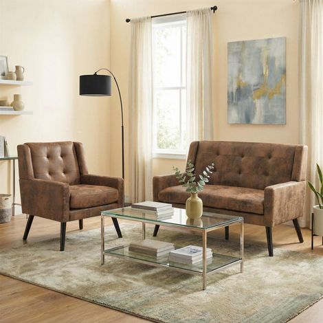 Ensemble de 2 fauteuils d’appoint (1+2 places), mousse haute densité, tissu doux et résistant, pieds bois protégeant le sol. Idéaux pour salon et bureau à domicile. (1/5)