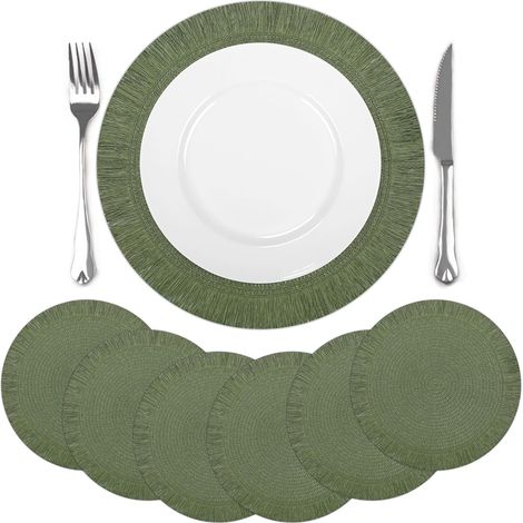 Lot de 6 sets de table ronds verts tressés, antidérapants, avec glands, 38x38 cm. (1/5)