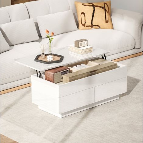 Couchtisch mit Lift-Top, verstecktem Fach und 2 Schubladen, Hochglanzweiß OKMYHOME (1/5)