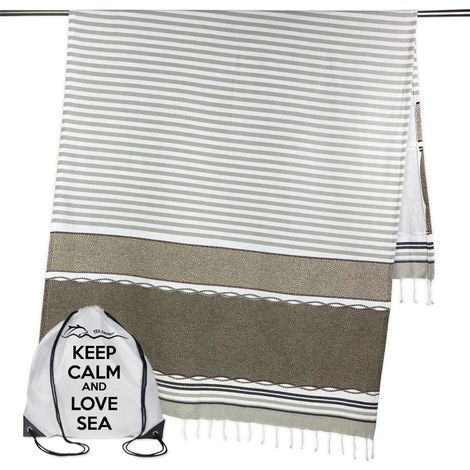 TELO MARE fouta BOY BEIGE misura GRANDE con zaino Spiaggia KEEP CALM CM.100X200