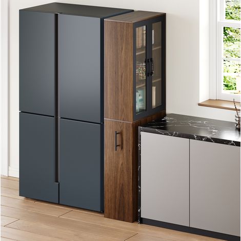 Mobile contenitore stretto 60x30x180 cm con ante in vetro e carrello estraibile, MDF nero e naturale (1/5)