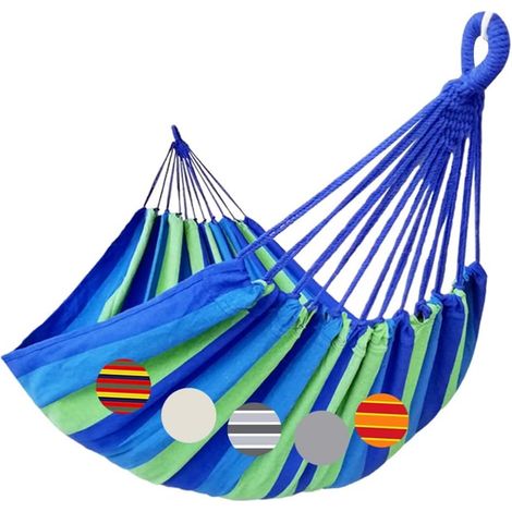 Brasilianische Doppelhängematte für 2 Personen – 220 x 160 cm – Gesamtlänge: 330 cm – Belastbarkeit: 300 kg – Baumwoll-Canvas – für Terrasse, Veranda, Garten, Hof, Innen- und Außenbereich – Blau/Grün