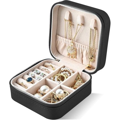 Coffret à bijoux pour femmes, filles, hommes et enfants, coffret de voyage, petit ensemble pour colliers, boucles d'oreilles et bracelets, noir (1/5)