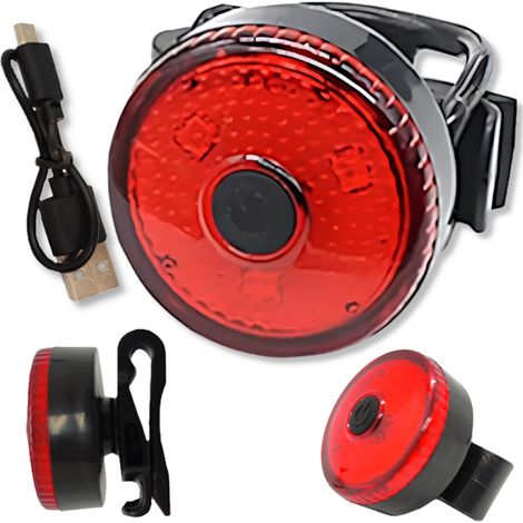 Luz LED roja para bicicleta, redonda, trasera, USB, con banda elástica resistente a salpicaduras. (1/5)