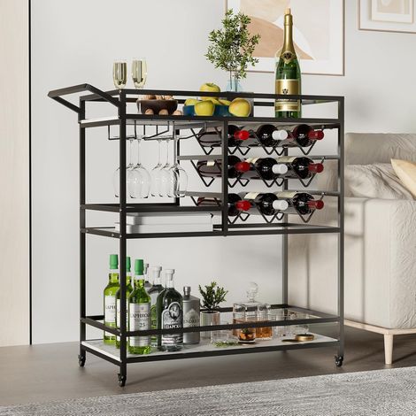 Chariot de bar 3 niveaux avec casier à vin – MDF et métal