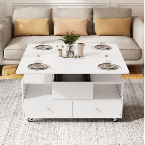 Table basse relevable avec plateau rabattable, 100 x 50 cm, 4 tiroirs, roulettes, blanc DESVIAE (1/5)