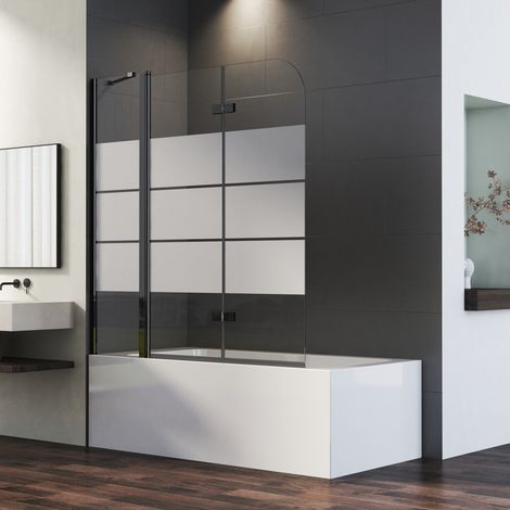 Schwarz Duschwand für Badewanne 140x140 cm Badewannenaufsatz 3-teilig Duschtrennwand für Badewanne Duschwand Badewanne Faltwand Duschabtrennung Badewanne, 6mm ESG Glas mit Milchglas Streifen