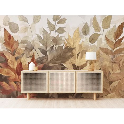 Vlies Fototapete Blätter 350x250 cm, Tapeten, für Wohn und Schlafzimmer, Vliestapete Wandtapete Tapete 3D Effekt- inkl. Kleister - Botanisch Natur beige orange gelb, WallArena (1/4)