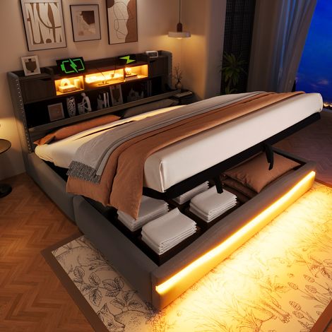 REDOM Letto contenitore 180x200 cm, con porta di ricarica USB-C e striscia luminosa ambientale, grigio