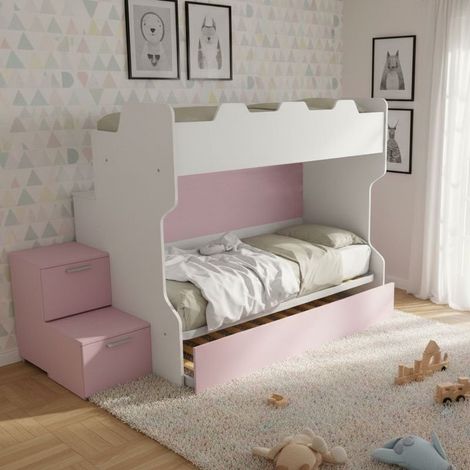 Letto a castello salvaspazio con scala a cassettoni e camminatoio - bianco e cipria