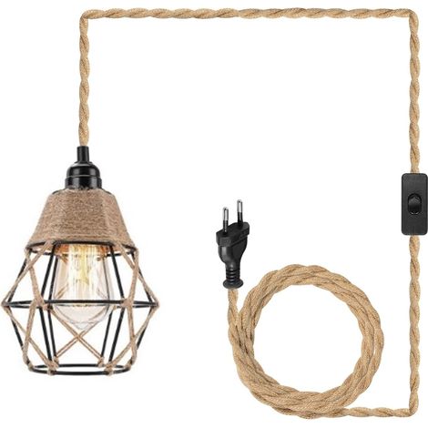 Plafonnier avec prise, applique murale rétro attribut vintage corde de chanvre lampe suspendue lampe suspendue lampe suspendue lampe E27, câble de la lampe lampe suspendue (1/5)
